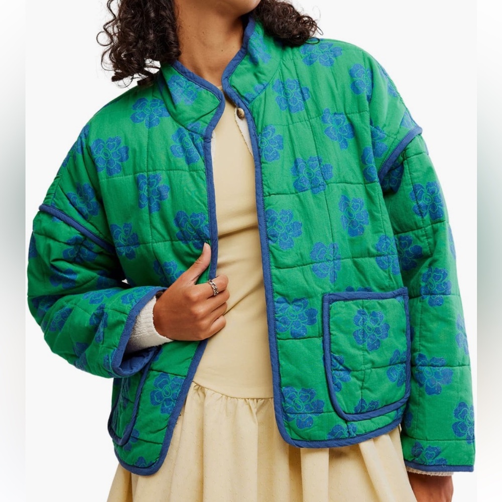 Free People Chloe Jacket - Green Floral Quilted Coat